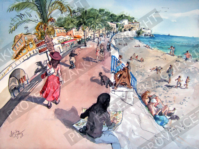 Nice, Quai des E.U., French water color painting, signed print