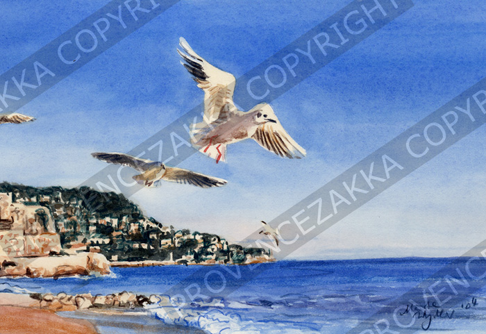 Nice, Baie des Anges & Seagull, French water color, signed print