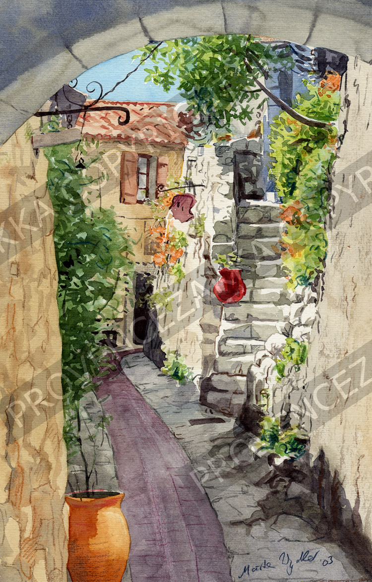Eze alley, France, water color painting, signed print - Click Image to Close