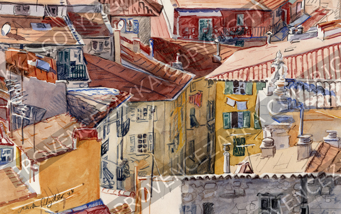 Nice, Old Nice roofs. French water color painting, signed print