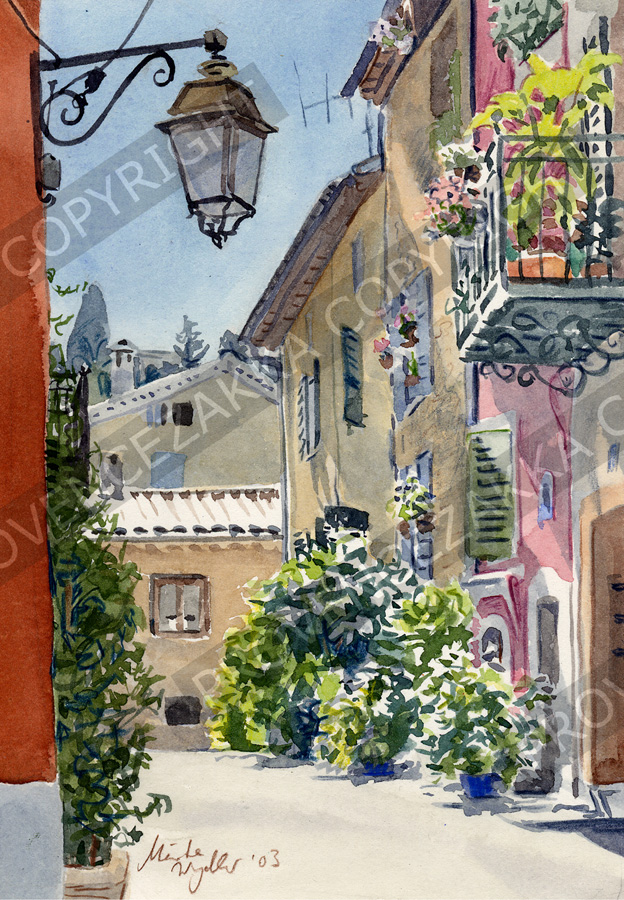 Valbonne, France, water color painting, signed print - Click Image to Close