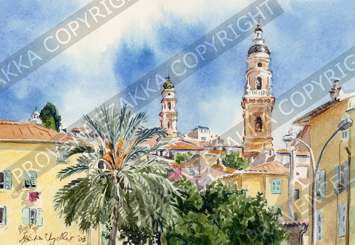 Menton, France, water color painting, signed print - Click Image to Close
