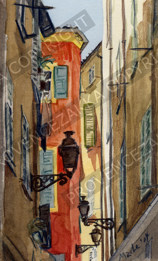Old Nice, back street, water color painting, signed print