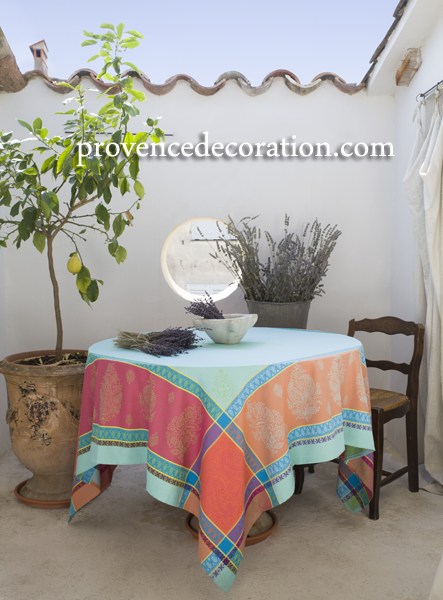 Tablecloth Jacquard Cotton 160x300 cm Turquoise Green France with Teflon PROTECTION 